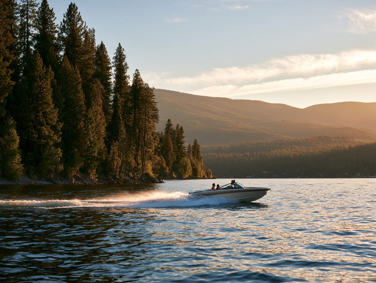 Speedboat on Flathead Lake at golden hour