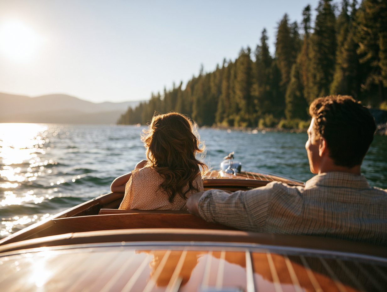 Couple in a wooden boat on Flathead Lake